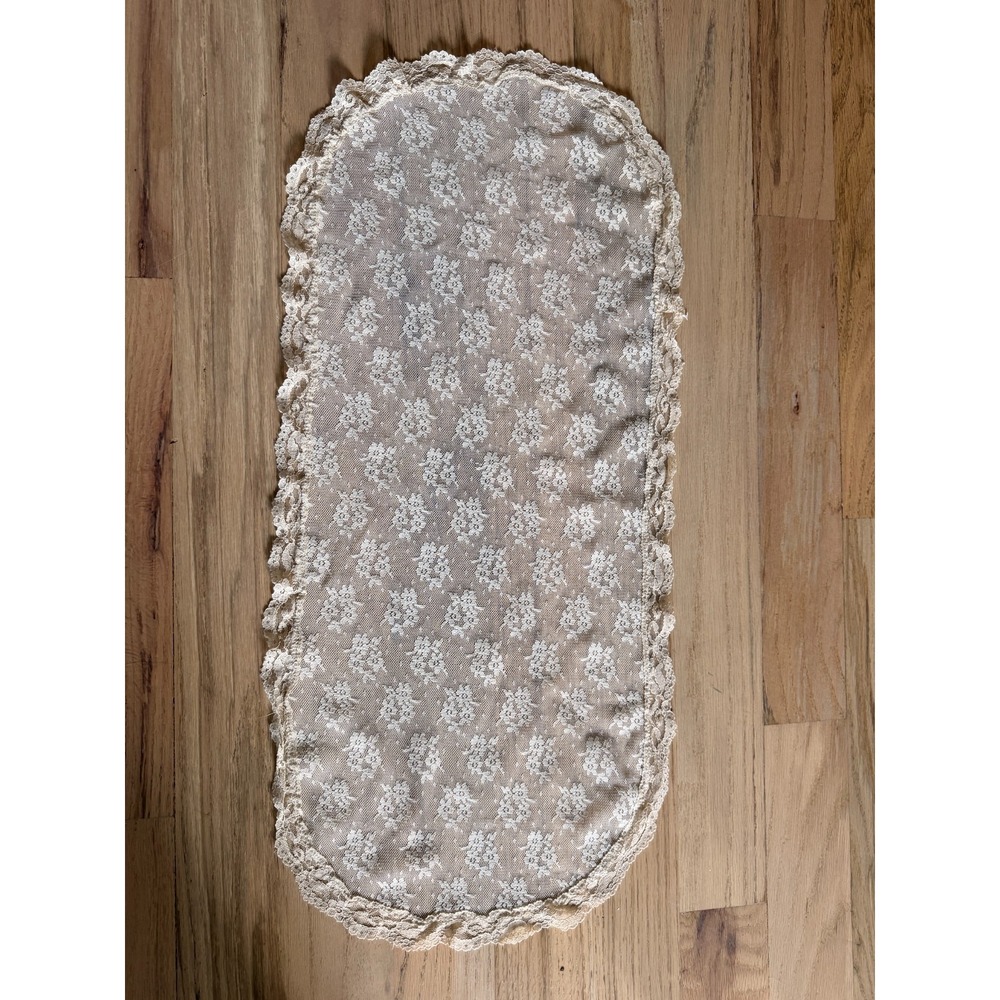 Vintage Cream Floral Lace Dresser Scarf Oval Table Runner Vanity Mat Doily 13x30